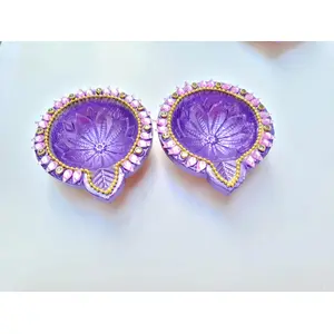Festive Vibes Purple Round Decorative Terracotta Diya Set of 2 for Diwali Deepavali Pooja Festive Decorations