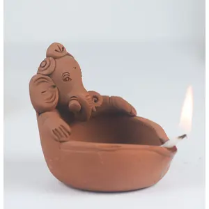 Festive Vibes Handmade Terracotta Clay Lord Ganesha Diya/Deepa | Ideal for Home Decor | Handmade Pottery | Set of 2 | Eco Friendly Gifting Option