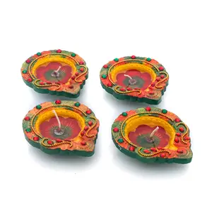 Handcrafted Terracotta Diwali Diya with Gem Stones and Beads for Decoration with Aroma and Gel Wax - Set of 4