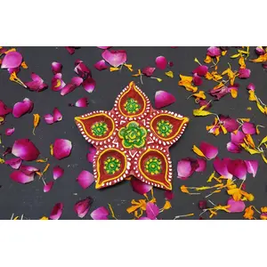 Diya Tray for Diwali Gift/Decorations Clay Handmade Diya/Natural Earthen Oil Lamp/Traditional Diyas for Pooja. Deepawali Diya Lamp Terracotta Clay Decorative Diya Thali Diwali Diya Puja Thali Set-V9