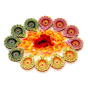 Earthen Clay/Terracotta Decorative Oil Designer Handmade Diyas for Diwali and Festivals - Set of 12 (Multicolor)