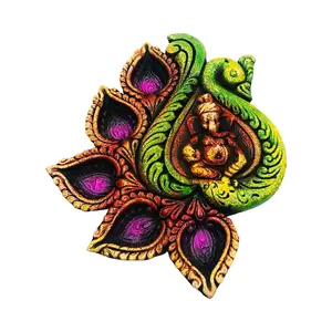 Festive Vibes Terracotta Earthen Clay Reusable Handcrafted 5 Diya Thali Decorative Diwali Diya for Home Decoration (Size : 8 Inches Multicolour) (Circular)