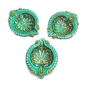 Festive Vibes Pack of 3 Pcs Traditions Handmade Green Colour Terracotta Diya/Oil Lamp/Mitti Diya for Diwali Pooja and Navratri Pooja Deepak #DD016