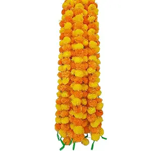 Festive Vibes Set 5 Orange Lemon Yellow Artificial Marigold Fluffy Flower/Genda Phool Garlands for Diwali Navratri Home Decoration Orange Yellow Marigold Artificial Flower (54 inch Pack of 5 Garlands)