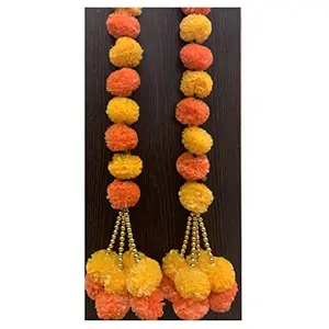 Festive Vibes Artificial Marigold Fluffy Flowers and Golden Pearls/Beads Clustered Garlands/Strings/latkans for Festive Pooja Wedding Housewarming Decorations Approx. 1.5 ft - (Light & Dark Orange 5)