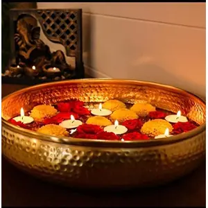 Festive Vibes Round Shape Metal Decorative Beautiful Handcrafted Solid Urli/BowlTraditional Bowl For Floating Flowers&Tea Light Candles Home Special For Diwali Gift. (12 InchGold)450 milliliter