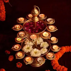 Decorative Urli Bowl with Stand | Diya Stand with Urli Bowl for Candles | Diya Decoration | Diya Stand Urli Bowl for Pooja Room- 52 cm x 35.5 cm- Golden