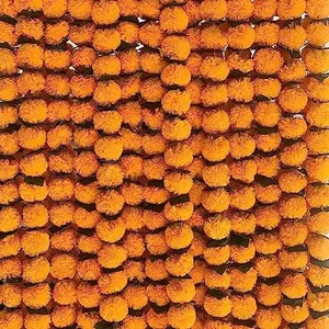 Festive Vibes Home Decor Decorative Artificial Fluffly Marigold/Genda Ladi Flower Garland with Green Leaf for Home/Office Decoration Mango Color Pack of 10