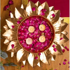 Festive Vibes Metal Urli Bowl - Decorative Lotus Design - Home Decor Showpieces (Gold 500 milliliter)