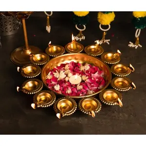 Festive Vibes Diya Shape Flower Decorative Urli Bowl For Home Handicraft Bowl For Floating Flowers&Tea Light Candles|Diwali Decoration Items For Home (14 InAlloy SteelGold)1 liter