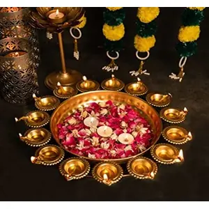 Festive Vibes Golden Decorative Metal Diya Urli Bowl (10 inches) Beautiful Handcrafted Rangoli Urli Bowl for Floating Flowers and Tea Light Candles Urli Bowl Gift for Diwali (Medium 10 inch)