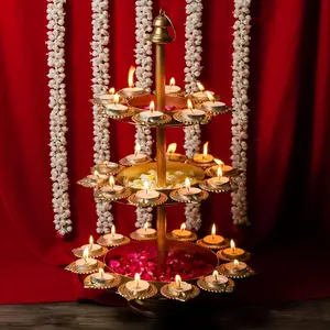 Festive Vibes Urli Diya 3 Layer Lotus Urli Bowl Diwali Decor Lotus Urli Diwali Diya Golden Candle Holder Tealight Candle Holder Pooja Diya Urli