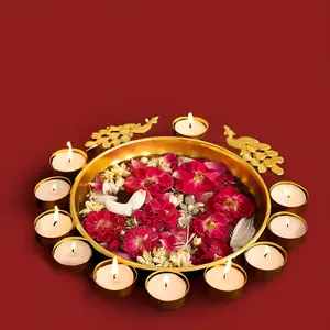 Festive Vibes Elegent Peacoack Urli Bowl for Floating Flowers & Tea Light Candles for Diwali Home Decor Gift (12 inch)