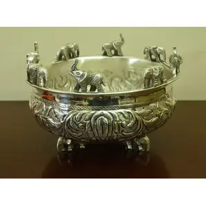 Festive Vibes German Silver Urli Traditional Hand Engraved Elephant Decorative Urli Bowl for Floating Flowers and T-Light Candles for Table Decor (12 x 4.5 Inch)