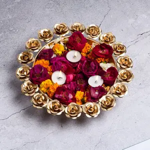 Decorative Bowl Urli Table Accents for Decoration | Decorative Uruli Bowl for Home | Diwali Decoration Items for Home | Gift Item Table Decorative Showpiece (Golden) (Uruli Rose)-(12 Inches)-Set of 1