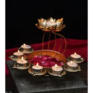Festive Vibes Decorative Metal Urli Bowl Flower Design with Tealight Candle Holder for Decoration Item Size 11X11X9.5 in