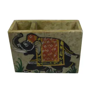 Silkrute Handcrafted Soapstone Card & Pen Stand With Elephant Painting