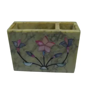 Silkrute Handcrafted Soapstone Card & Pen Stand With Floral Inlay Work