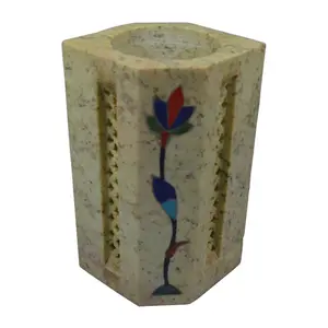Silkrute Handcrafted Soapstone Pen Stand With Floral Inlay & Carving