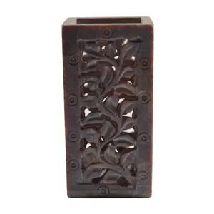 Silkrute Handcrafted Square Soapstone Pen Stand With Floral Carving