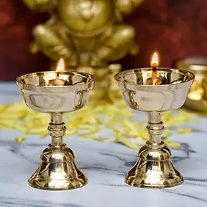 Bhimonee Decor Pure Brass Akhand Jyothi | Pyali Stand | Nanda Table Diya 3.2 inches Big Brass Pack of 2 pcs