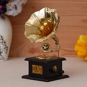 Webelkart Brass Vintage Gramophone Showpiece for Home and Living Room Home Decor 17 cm Gold 1 Piece
