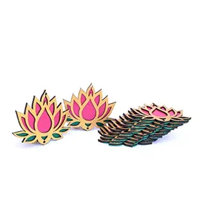 StepsToDo Lotus Flower Wooden Cutout. Set of 12. Each Lotus in 3 color Golden Rose k and Green. Festive DIY Craft Material Kit. Decoration for Diwali Dashera. For Pooja Festival Wedding Gift
