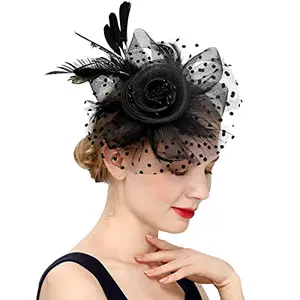 PALAY Black Fascinator Hats for Women Flower Feathers Headband Hat with Mesh Veil Cocktail Tea Party Headwear Vintage Ladies Hair Clip Fascinators for Party Wedding Halloween