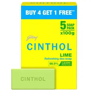 Cinthol Lime 100g (Pack of 5) - 99.9% Germ Protection | Lime Fresh Fragrance | For Bath Grade 1 | For All Skin Types