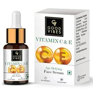 Good Vibes Vitamin C & Vitamin E Age Defying Serum 10 ml Light Non Greasy Helps Wrinkles Skin Repair Naturally Glowing Face Serum No Parabens & Sulphates No Animal Testing