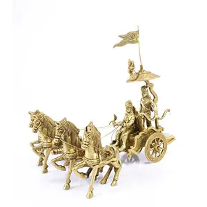 Mohan Jodero Elegant Brass Chariot With Krishna & Arjuna/Krishna Arjuna Rath With Vijay Pataka And Lord Hanuman Sitting