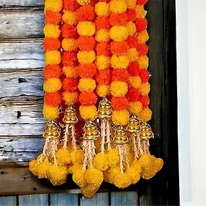 ABHAAS Handmade Artificial Marigold Flower Garland Long Flower Garlands for Door Decoration Toran Genda Phool for Wedding/Festivwith Bells and Rajnignadha (Yellow+Orange Mix/ 5 Ft 5Pcs)
