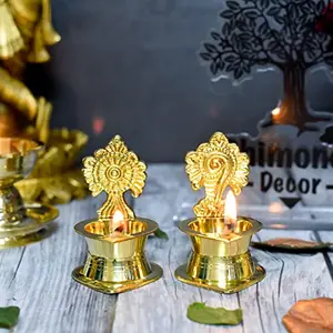 Bhimonee Decor Pure Brass Shanku Chakra Kamakshi Diya 3 inches Brass Colour Pack of 1 Pair