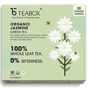 Teabox Organic Jasmine Green Tea 50 Teabags | Sourced From Madurai | For Calm Mind and Relaxation | Made with 100% Whole Leaf Natural Jasmine Flowers & Natural Flavors
