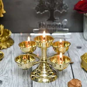 Bhimonee Decor Pure Brass 5 Faced Ethnic Panchadeep | Bhadradeepam | Akhand Jyothi Diya 1.75 inches Brass Colour Pack of 1 Pc