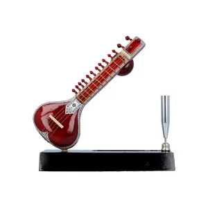 Silkrute Decor Classical Miniature Sitar with Pen Stand, Handcrafted Music Instrument Miniature Acoustic Sitar with Pen Stand, Dark Red Color