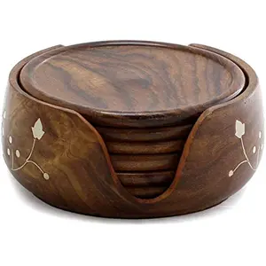 Saim Handicrafts Handmade Wooden Lotus Tea Coaster with Half Shape Stand (3.5 Inch) - Set of 6