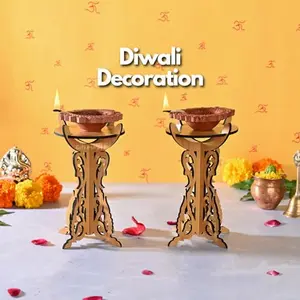 Gift Kya De GKD Diya Stand Wooden Traditional Deepam Stand Hand Crafted Diya Set for Pooja Decoration Items also and Diwali Decoration Items(Pack of 2)