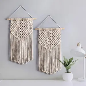 Decazone Boho Wall Hanging Decor Woven Pure Cotton Cord Macrame Tapestry Beautiful Geometric Wall Art for Apartment Home Decor Living Room Decoration Pack of 2 Beige 56 x 36