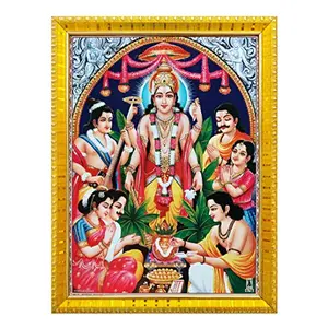 Koshtak Sri Satyanarayan Swamy Vishnu Avatar ji Giving blessing photo frame with Laminated Poster for puja room temple Worship/wall hanging/gift/home decor (30 x 23 cm)