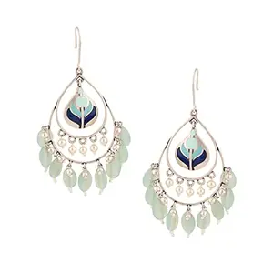 Voylla Silver Brass Bagh E Fiza Green Beads toned Pastel Colourful Enamelled Embellished Leaf Design Dangle & Drop Earrings for Women and Girls