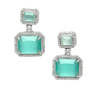 Zeneme Silver-Colorstudded Square Shaped Drop Earrings for Girls and Women