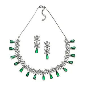 ZENEME Rhodium-ColorSilver Toned Teardrop Shaped Studded Necklace Earrings Jewellery Set for Girls and Women