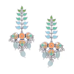 Voylla Traditional Brass Silver ColorPastel Colourful Enamelled Embellished Leaf Design Beaded Long Dangle & Drop Earrings for Women and Girls