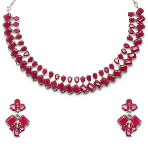 ZENEME Rhodium-ColorSilver Toned Pear Shaped Studded Necklace with Earrings Jewellery Set with Girls and Women