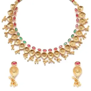 ZENEME Antique Gold-ColorArtificial Stone Studded Necklace with Earrings Jewellery Set for Girls and Women