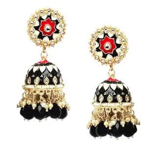 ZENEME Gold-ColorKundan & Pearls studded Dome Shaped Handcrafted Jhumka Earrings