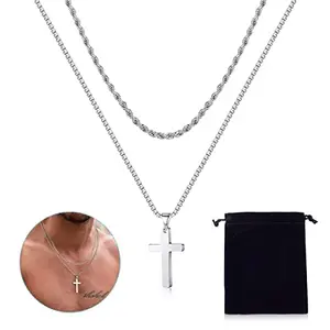 SANNIDHIÂ® 2Pcs Classic Cross Necklaces Set Cross Pendant Necklace for Men Women Double Layered ElectroColorTitanium Steel Chain Necklace with Flannel Bag