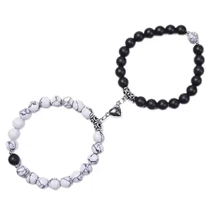 BEAUTIVIAÂ® White Black Natural Stone Beads Matching Magnetic Bracelet for Men Women For Couples - 2pcs/set