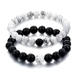 BEAUTIVIA Bracelets Multi Layer Tiple Protection Stone Beads Couple-Combo Matching Best Friend Relationship Couple Bracelet White and black 2 Pcs